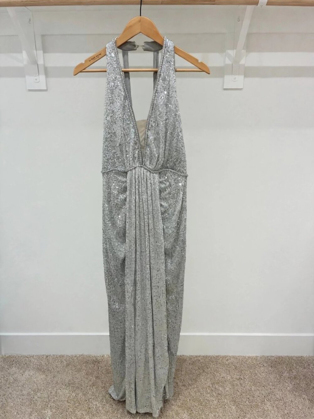 FEHAUTE Silver Sequin Halter Gown Lace Up Back Formal Dress US 4 NWT
